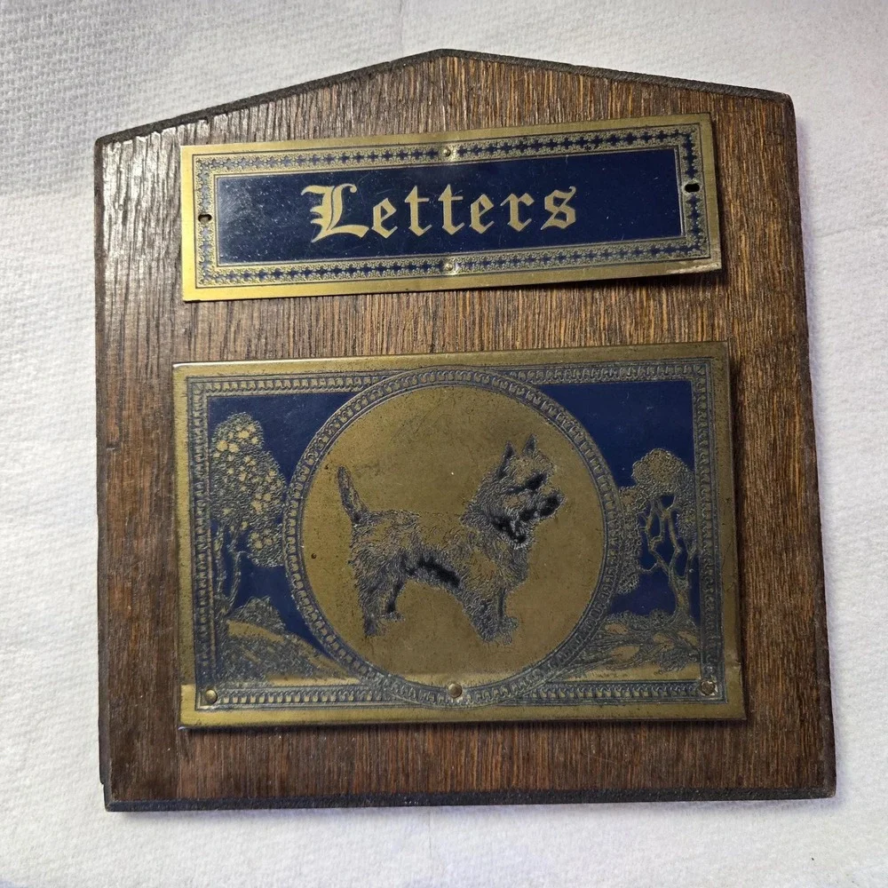 Vintage Scottie Dog Letter Holder, Embossed Metal Pocket,‎ Metal Letters sign